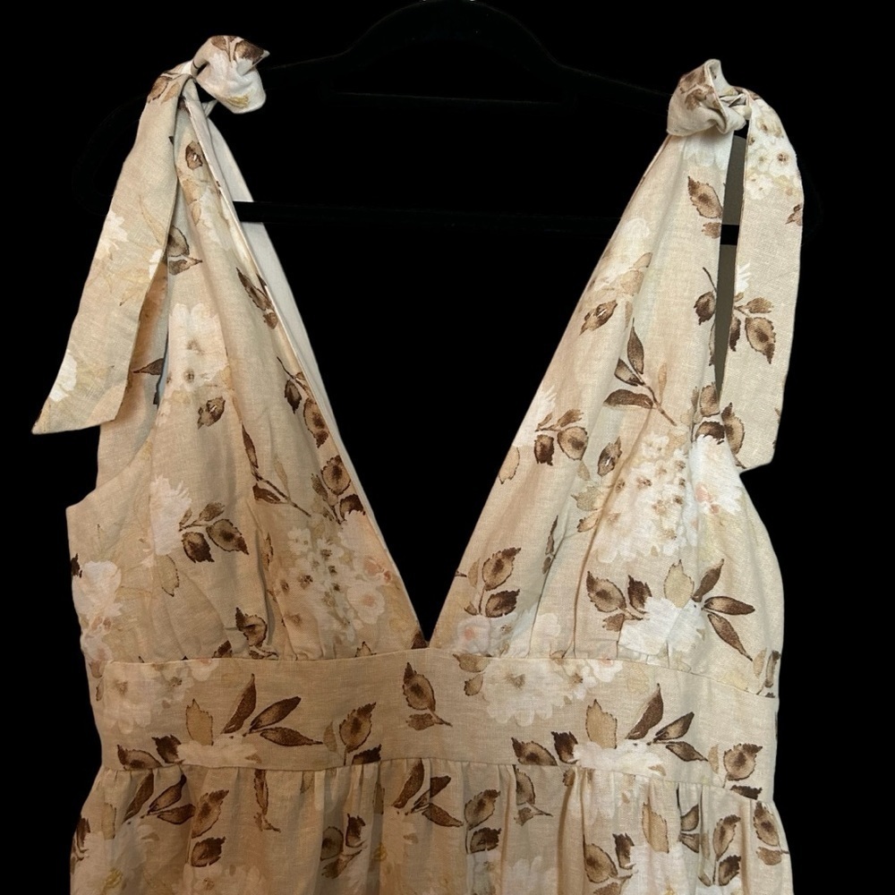 House of Harlow 1960 Cream and Brown Floral & Leaf Tiered Linen Blend Maxi Dress - Picture 5 of 16